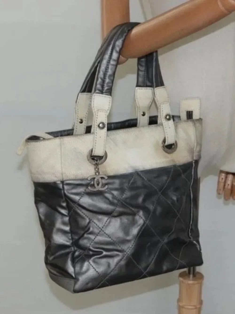 CHANEL Paris Biarritz PM Tote Bag Coated Canvas Silver CC Auth bs23887